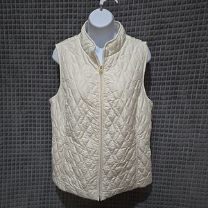 White Zip Puffer Vest SzLg Cinch Waist Quilted Preppy Sporty Money Urban Utility